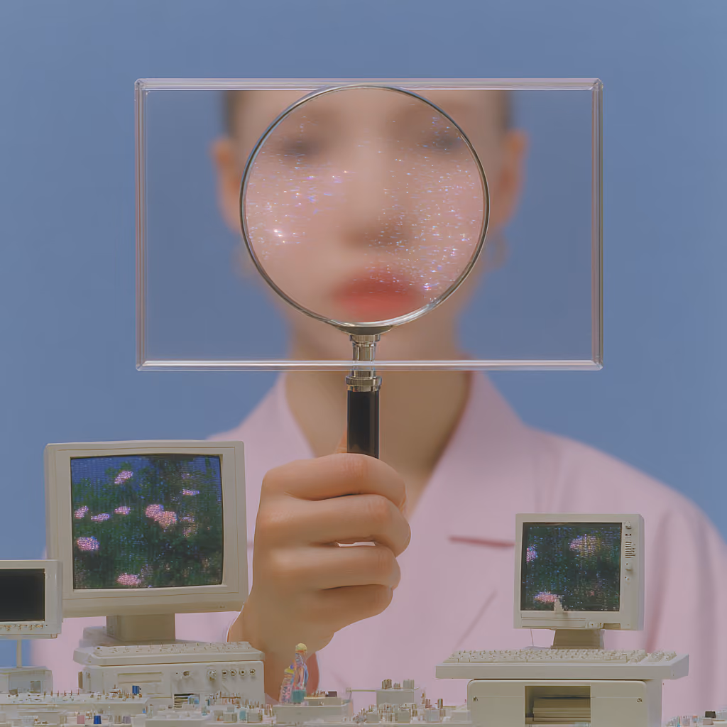 Person blickt durch eine Lupe vor drei alten Computermonitoren mit Blumenbildern.