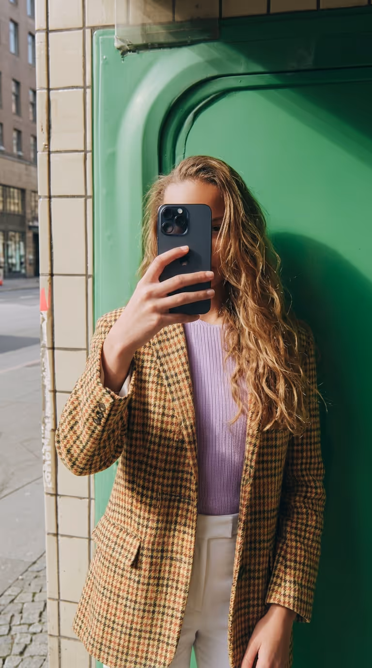 Frau mit langem Haar macht Selfie vor grünem Hintergrund, trägt karierten Blazer, lila Oberteil.