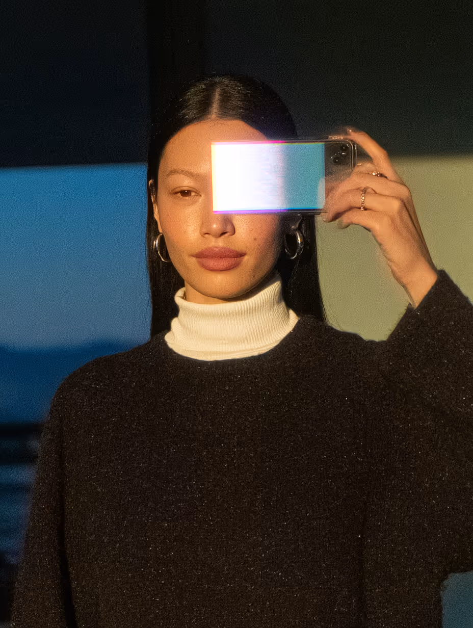 Frau mit schwarzem Pullover macht Selfie, Bildschirm ihres Handys blendet ein Auge aus.