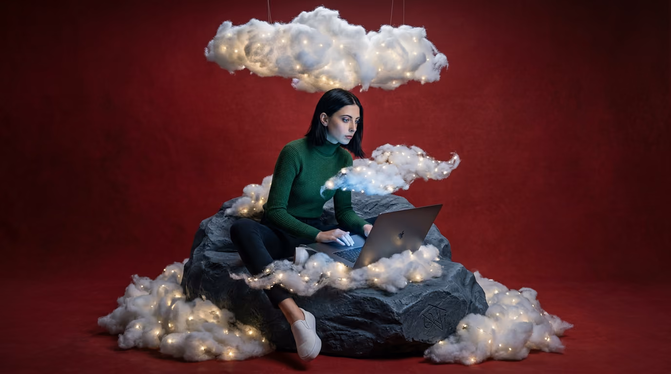 Frau sitzt auf einem Felsen umgeben von beleuchteten Wolken, arbeitet konzentriert an einem Laptop.