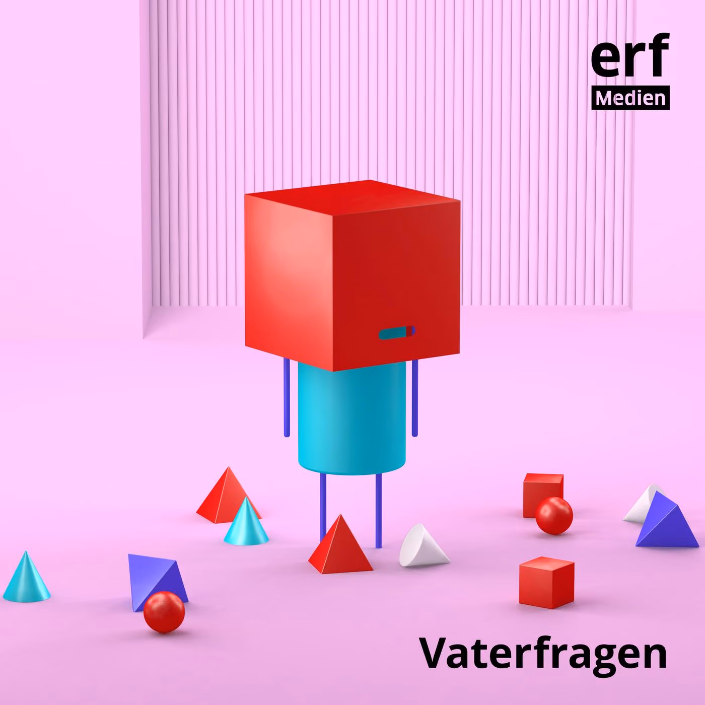 Abstrakte Figur mit rotem Würfel als Kopf und blauer Zylinder als Körper, umgeben von farbigen Formen.