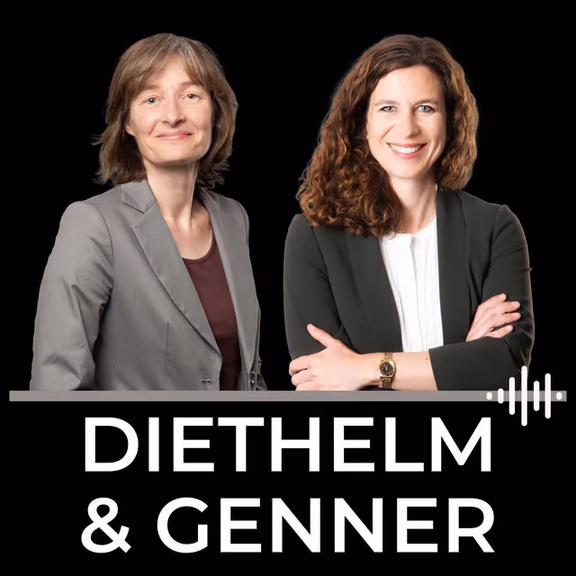 Zwei lächelnde Frauen in Geschäftsanzügen vor schwarzem Hintergrund, Text darunter: DIETHELM & GENNER.