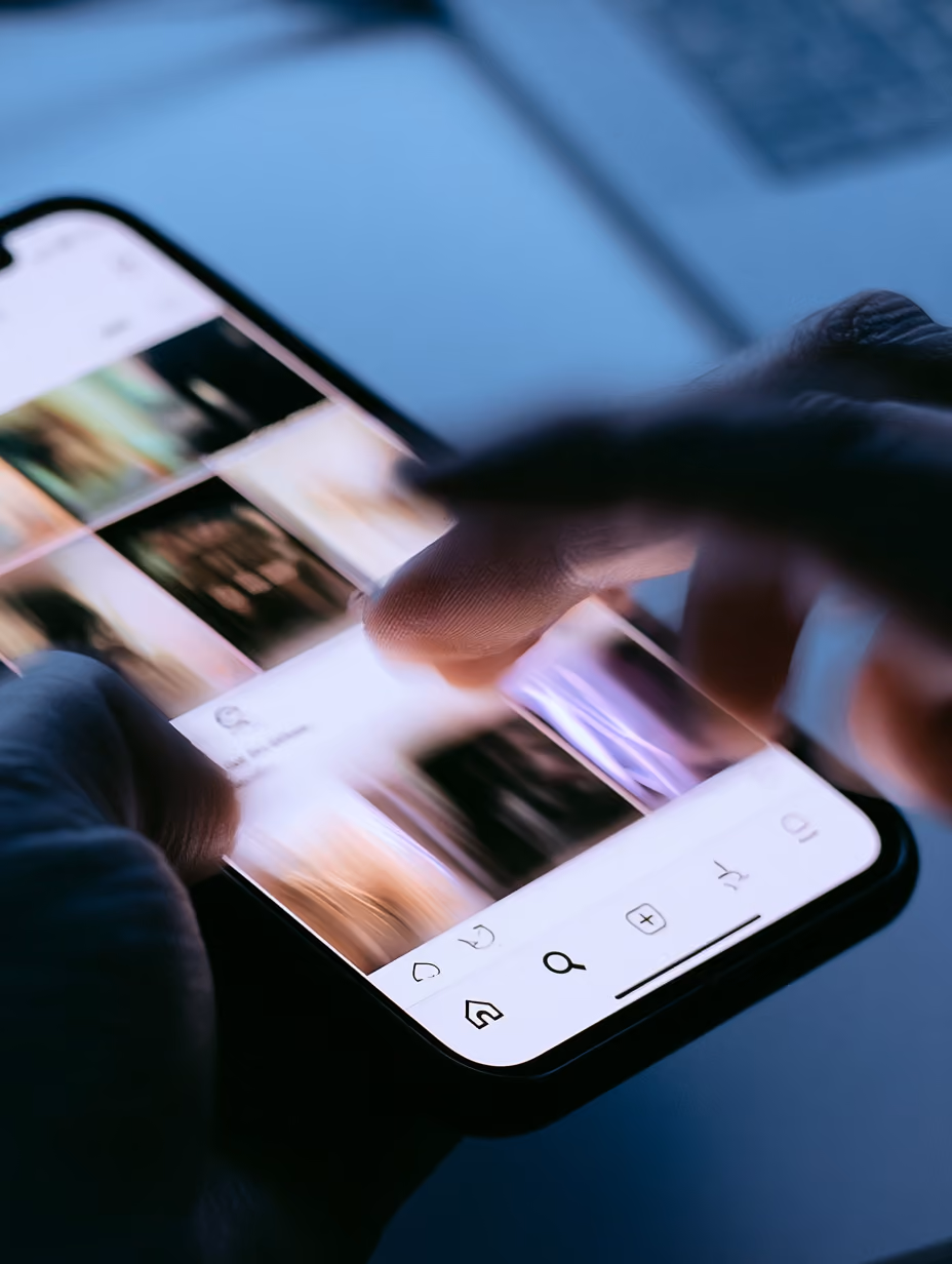 Eine Hand scrollt durch Fotos auf einem Smartphone-Display mit Social-Media-Symbolen unten.