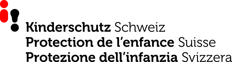 Logo mit roten und schwarzen Punkten neben dem Text Kinderschutz Schweiz in drei Sprachen.