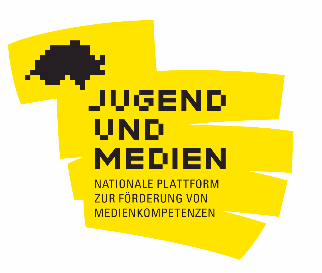 Gelbes Logo mit Schwarzem Pixel-Bild und Text Jugend und Medien, nationale Plattform zur Förderung von Medienkompetenzen.