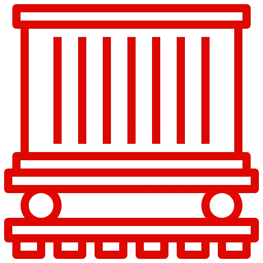 Red icon of a container on a rail cart, symbolizing international freight and multimodal logistics.