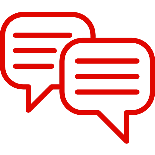 Red icon of two chat bubbles, representing logistics consulting and strategic communication.