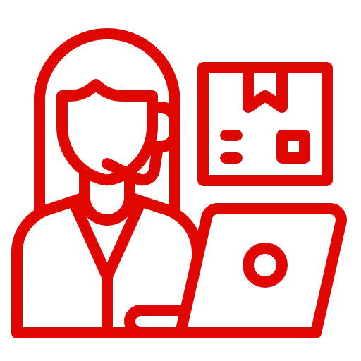 Red icon of a support agent with headset and laptop, representing personalized logistics customer support.