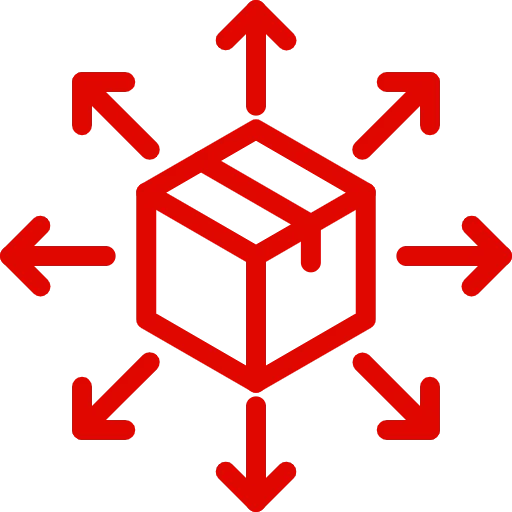 Red icon of a box with arrows pointing outwards, symbolizing omnichannel distribution and fulfillment.