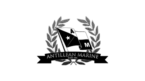 Antillean Marine logo with laurel wreath in grayscale.
