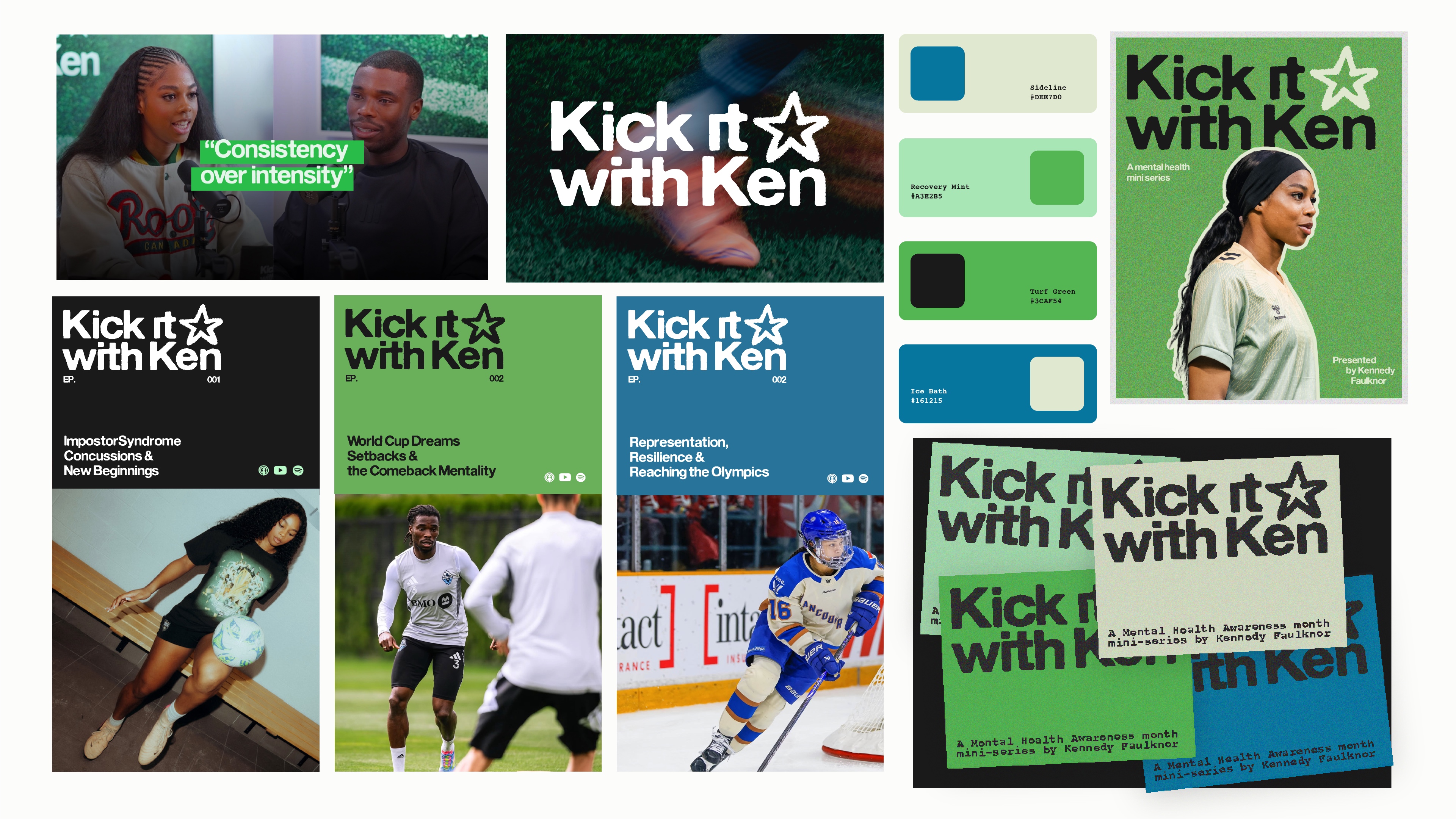 Collage featuring Kick it with Ken mental health mini-series branding with sports and athlete imagery.