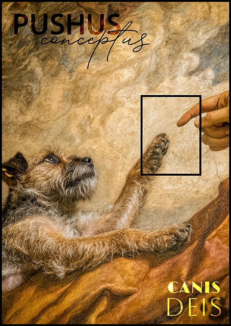 Border Terrier reprenant la Création d'Adam de Michel-Ange, style fresque ocre