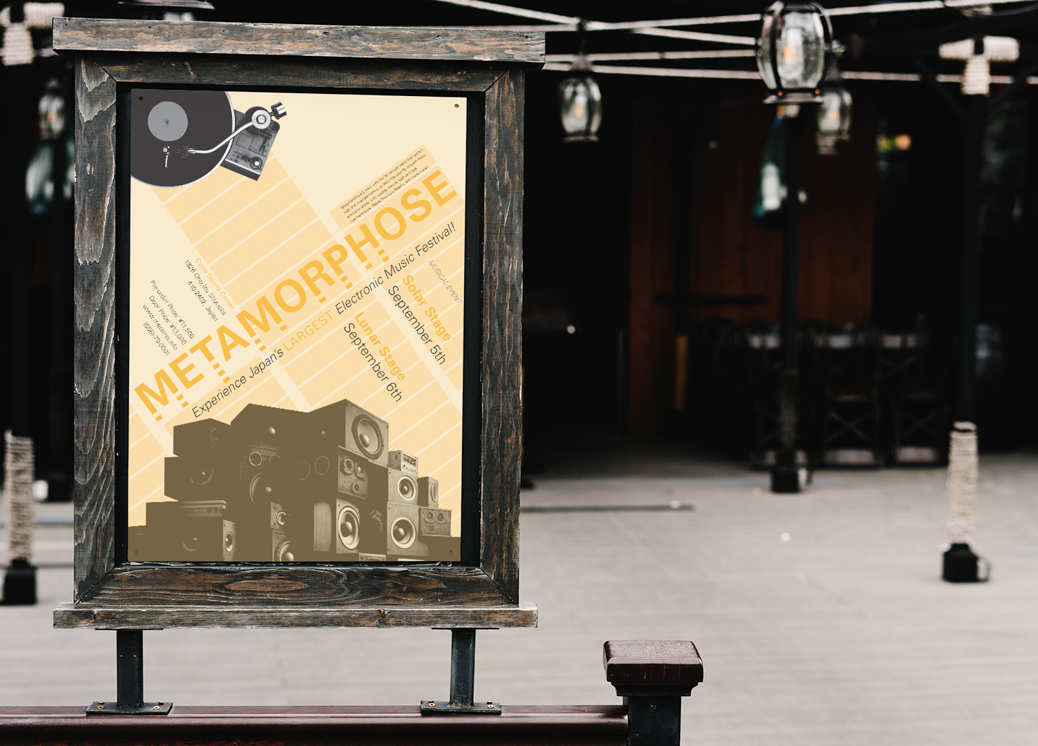 Wood-framed poster advertising Metamorphose, Japan's largest electronic music festival, with dates for Solar Stage September 5th and Lunar Stage September 6th, featuring vintage speakers and a turntable graphic.