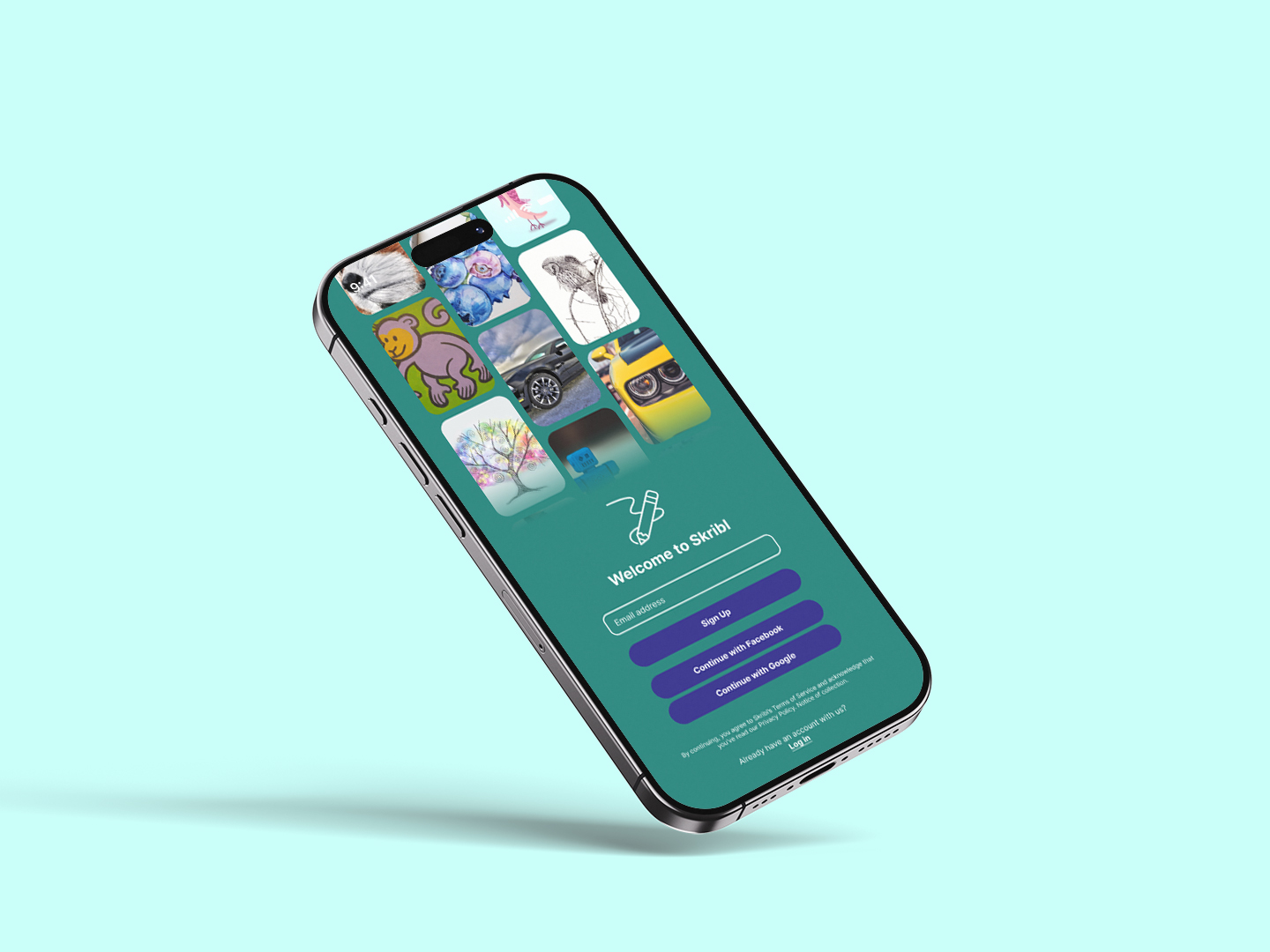 Smartphone displaying the Skribl app sign-up screen with options to enter email or continue with Facebook or Google.