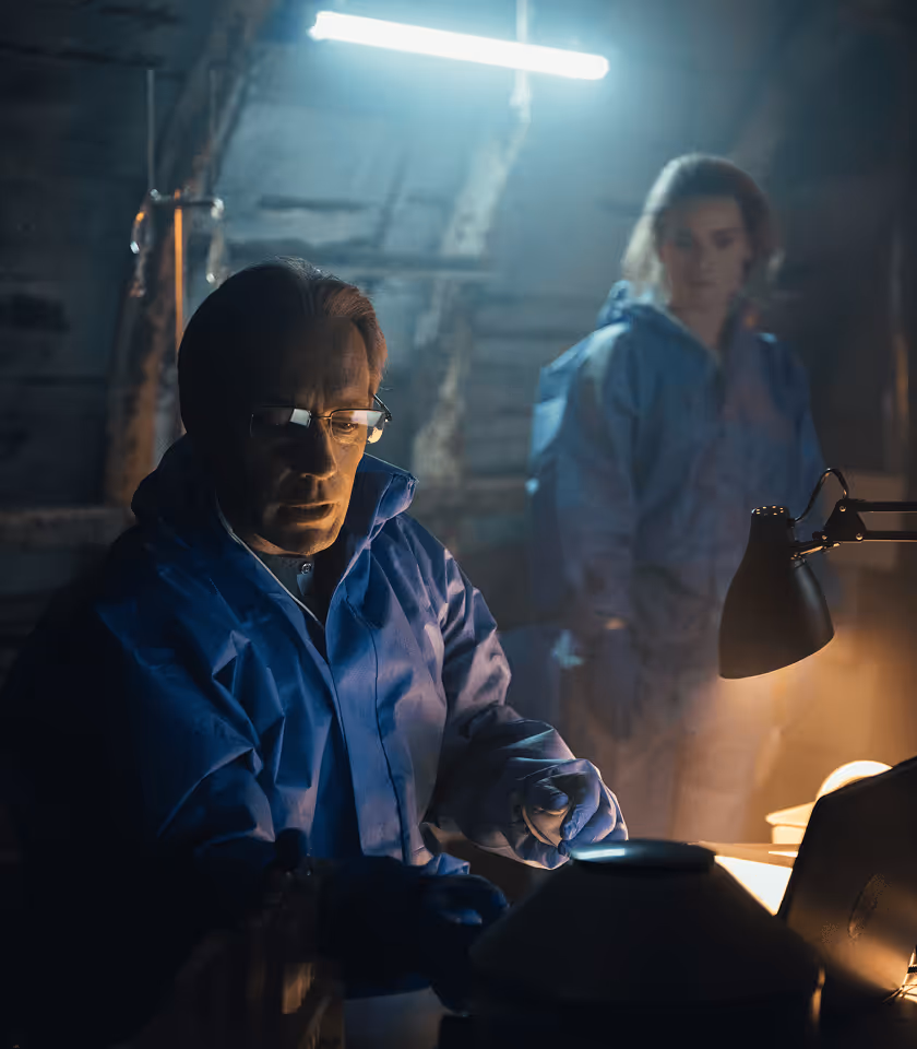Wissenschaftler im Schutzanzug arbeitet in düsterem Labor; gedämpftes Licht, ernste Atmosphäre.