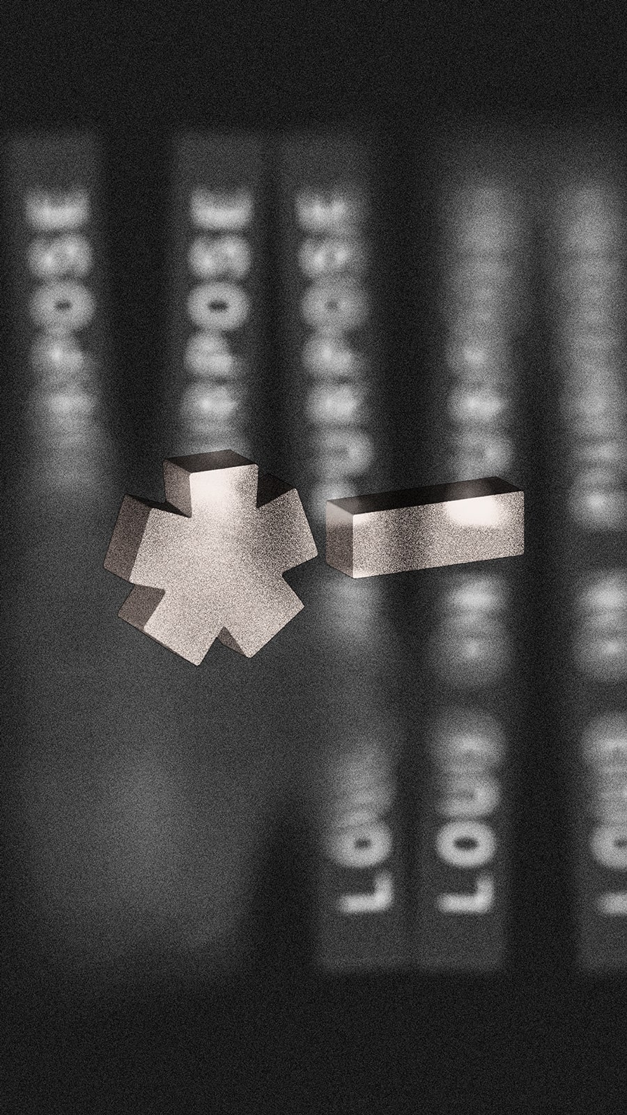 Metallic 3D asterisk and hyphen symbols with blurred vertical text columns in the dark background.