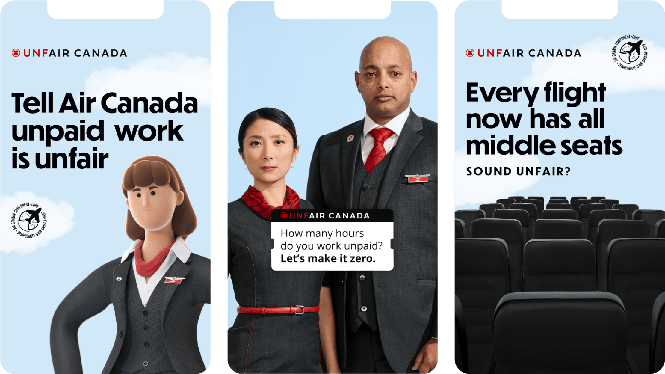 Three phone screens show an Air Canada worker illustration with text about unpaid work, two Air Canada employees standing with a message about unpaid hours, and empty airplane seats with text about all middle seats being filled.