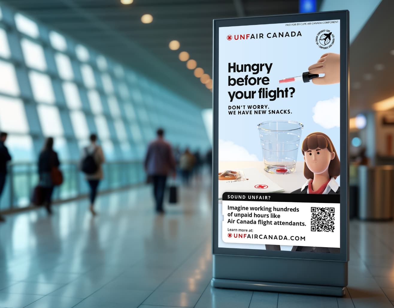 Digital airport ad for Unfair Canada reading ‘Hungry before your flight?’ with an illustrated flight attendant and comically small snack imagery.