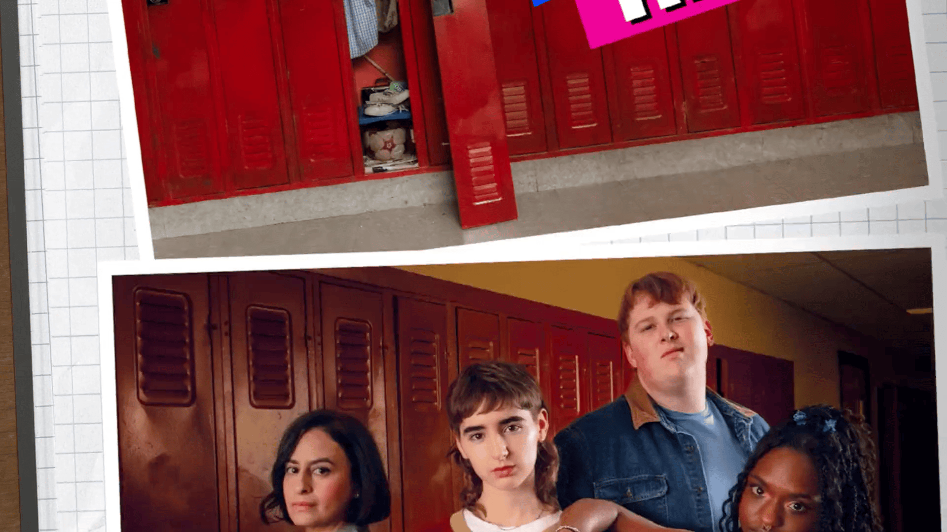 Four diverse teenagers standing in a school hallway lined with red lockers, looking confidently at the camera.