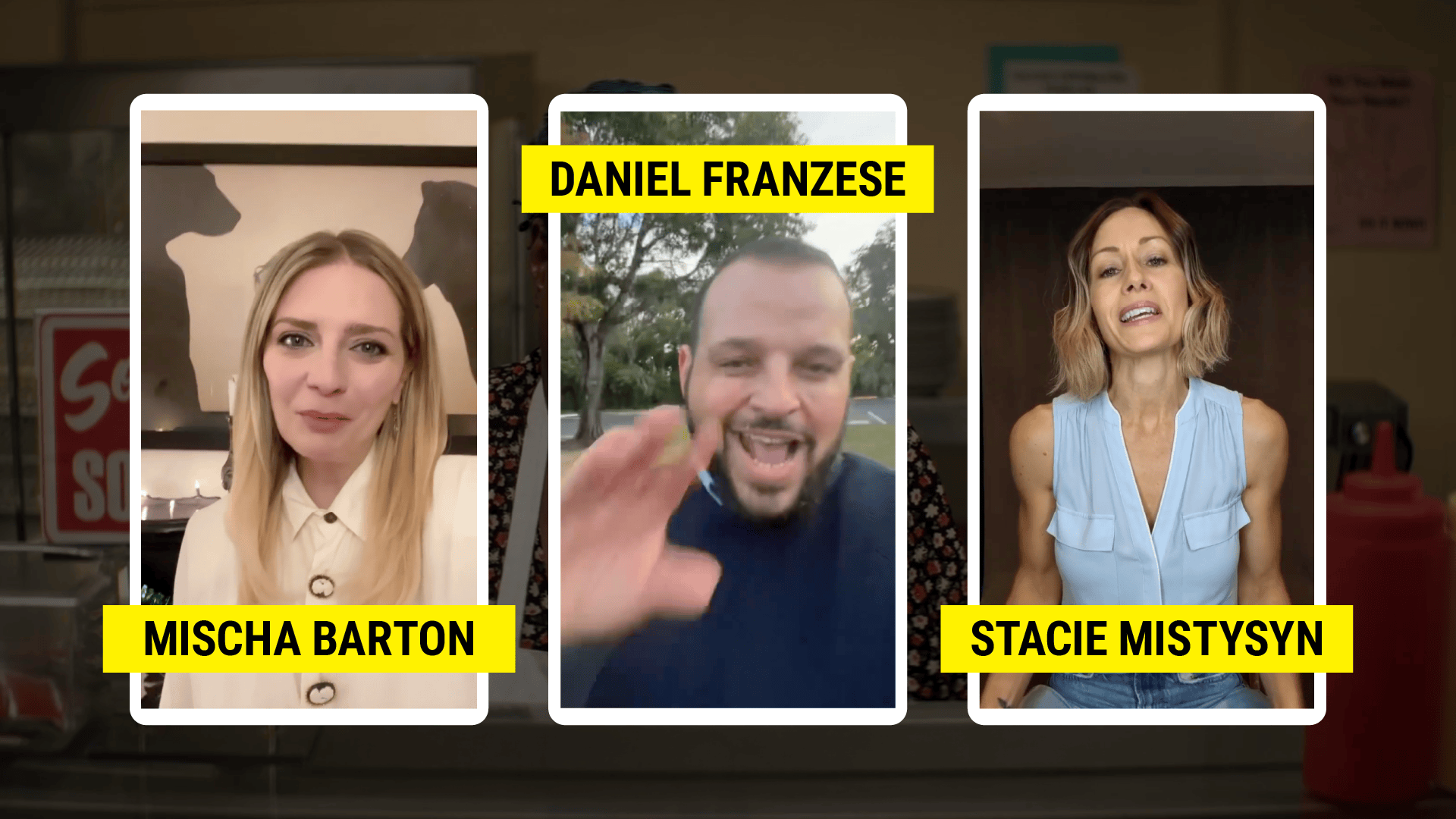 Three vertical photos of people labeled Mischa Barton, Daniel Franzese, and Stacie Mistysyn, each appearing to speak directly to the camera.