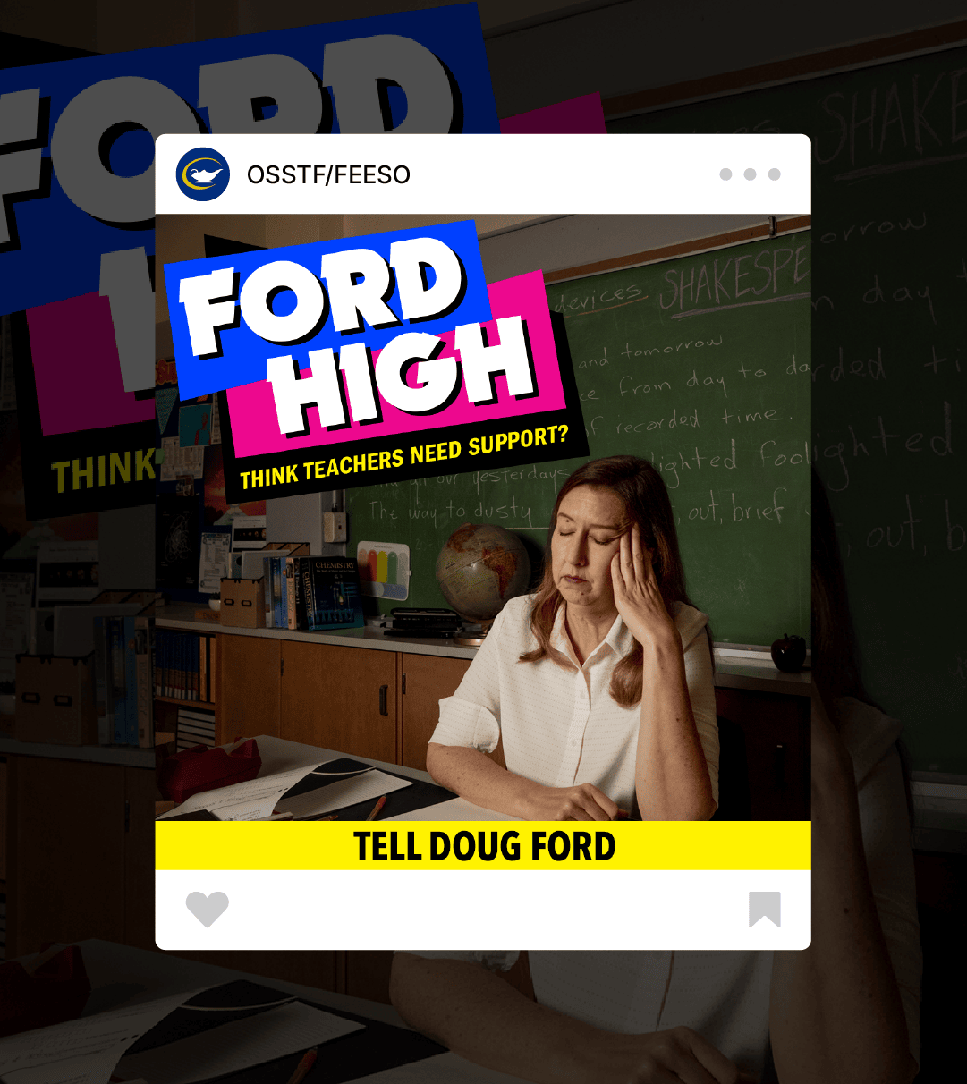 OSSTF/FEESO social media ad showing a teacher seated at a desk in a classroom, highlighting the need for teacher support.