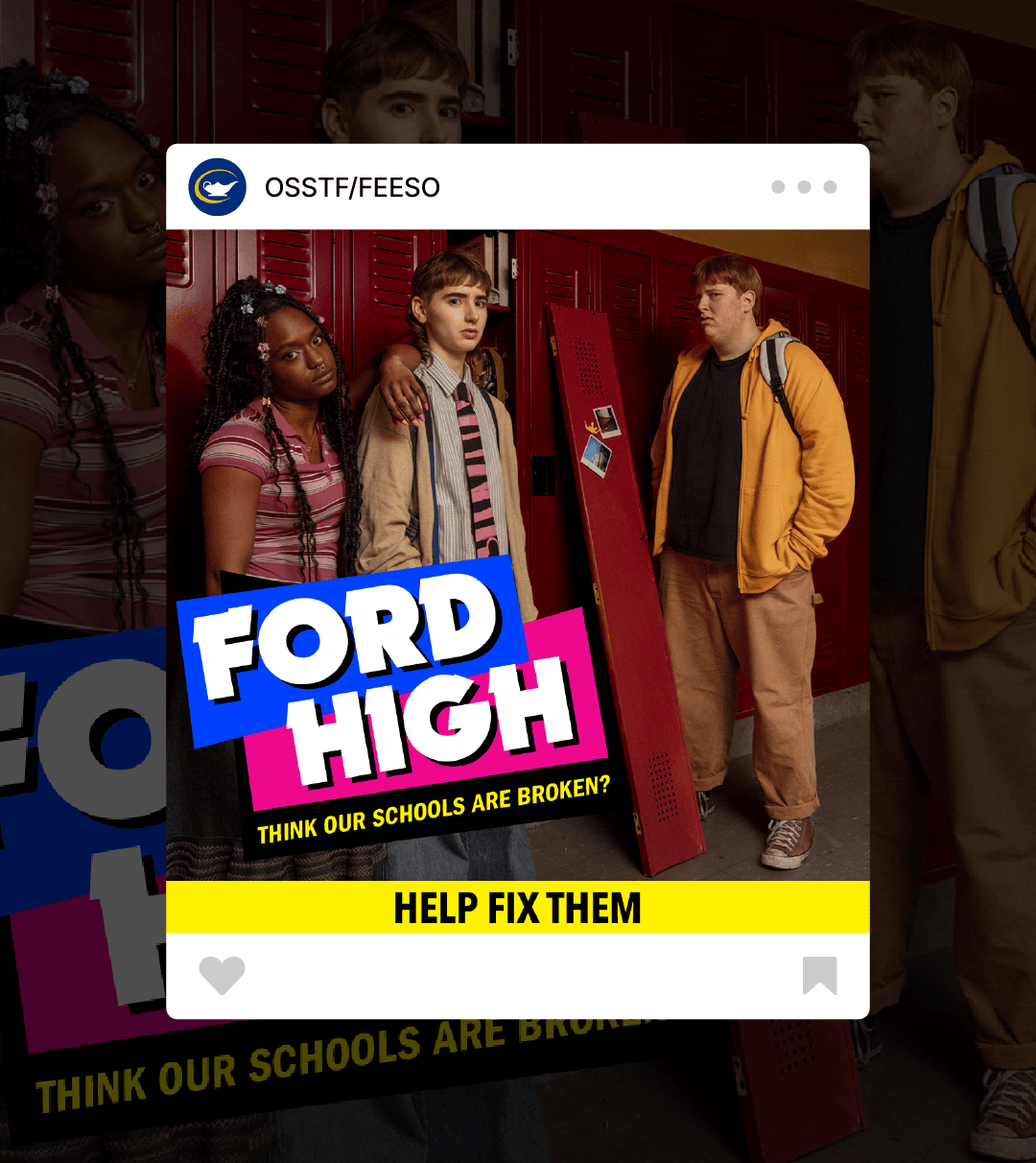 Social media ad for OSSTF/FEESO showing students in a school hallway with messaging about fixing broken schools.