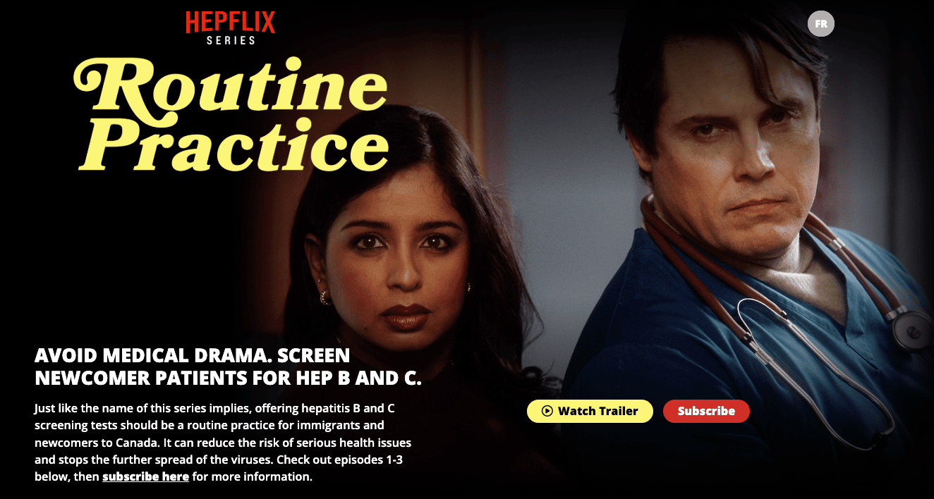Promotional banner for HepFlix Series 'Routine Practice' showing a serious-looking woman and man in medical attire with stethoscope.