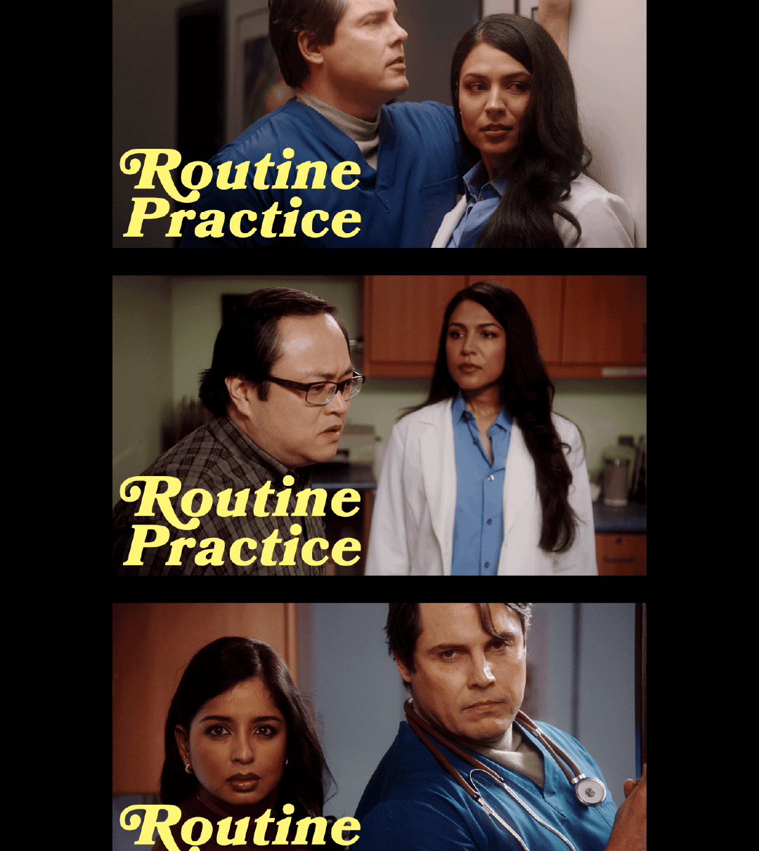 Satirical campaign image styled like daytime TV drama, showing doctors in tense medical scenes labeled ‘Routine Practice.’