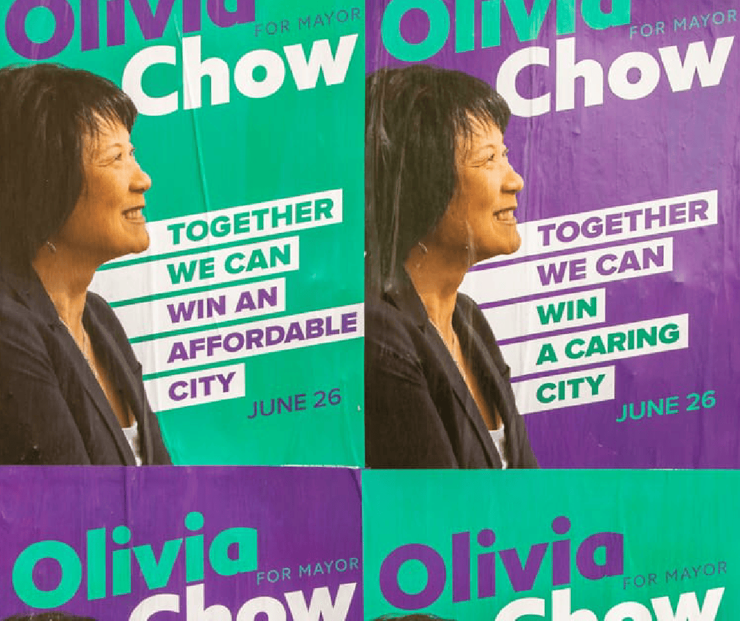 Campaign poster of Olivia Chow for mayor showing her side profile with text promoting affordable and caring city, election date June 26.
