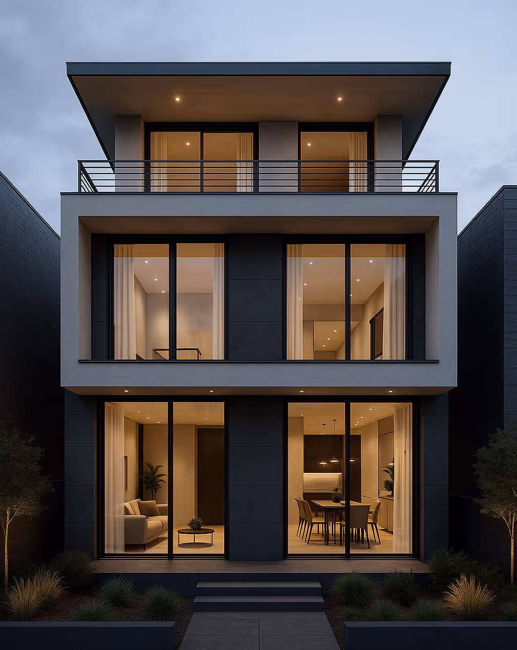 Modern three-story house with large floor-to-ceiling windows illuminated at dusk, showing a living room and dining area inside.