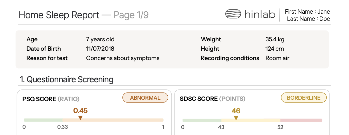 A sample Sleep Report showing a typical result