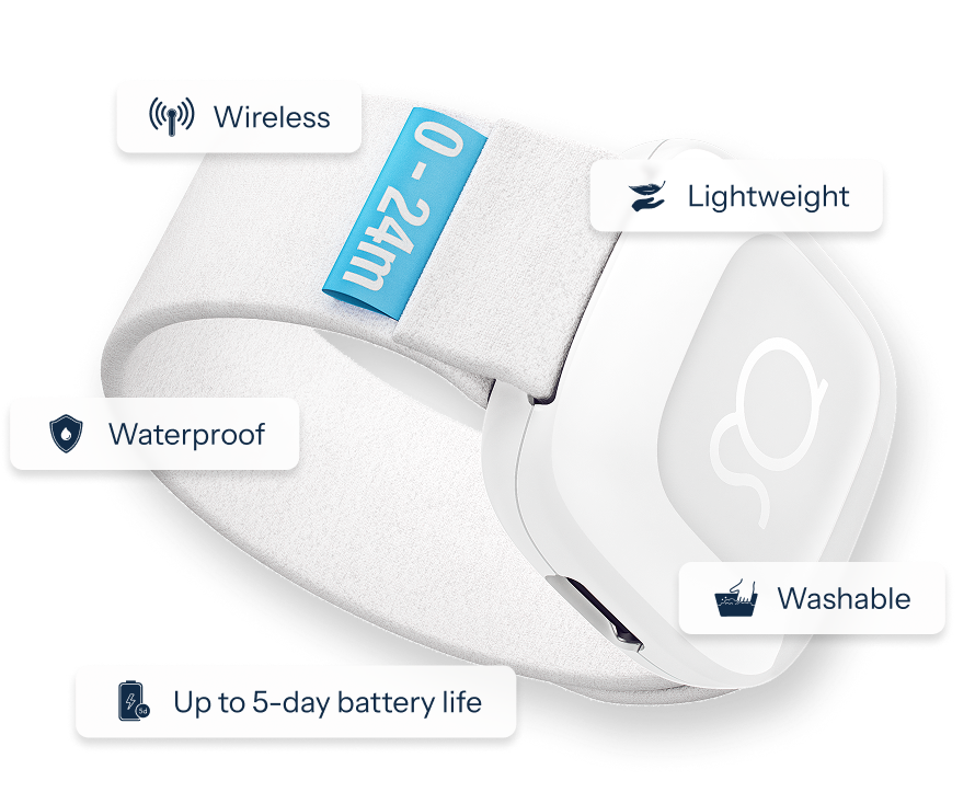Gabi Band pediatric monitor close-up with feature callouts: wireless, wireless charging, waterproof, washable, and up to 5-day battery life