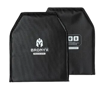 Два чорні протиударні бронеплити BRONYX Advanced Series, один з логотипом спереду, інший із технічною інформацією ззаду.