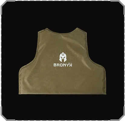 Зелена тактична бронежилет з логотипом BRONYX білого кольору на чорному фоні.