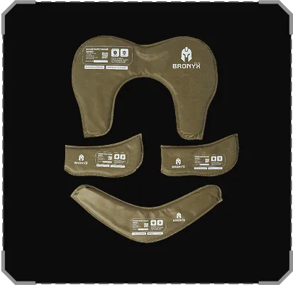 Комплект коричневих броньованих накладок BRONYX для захисту тіла різних форм і розмірів на чорному фоні.