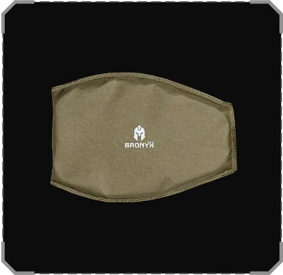 Оливкова тканинна багаторазова захисна маска з логотипом BRONYX посередині.