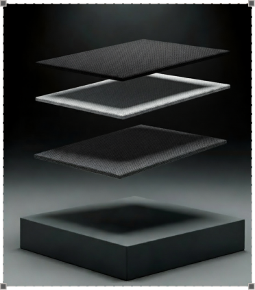 Три пласких чорних панелі у вигляді шарів розташовані над квадратною основою на темному фоні.