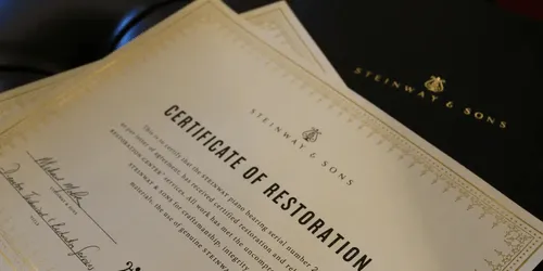 Image of Certificate of Restoration of a Steinway Piano.