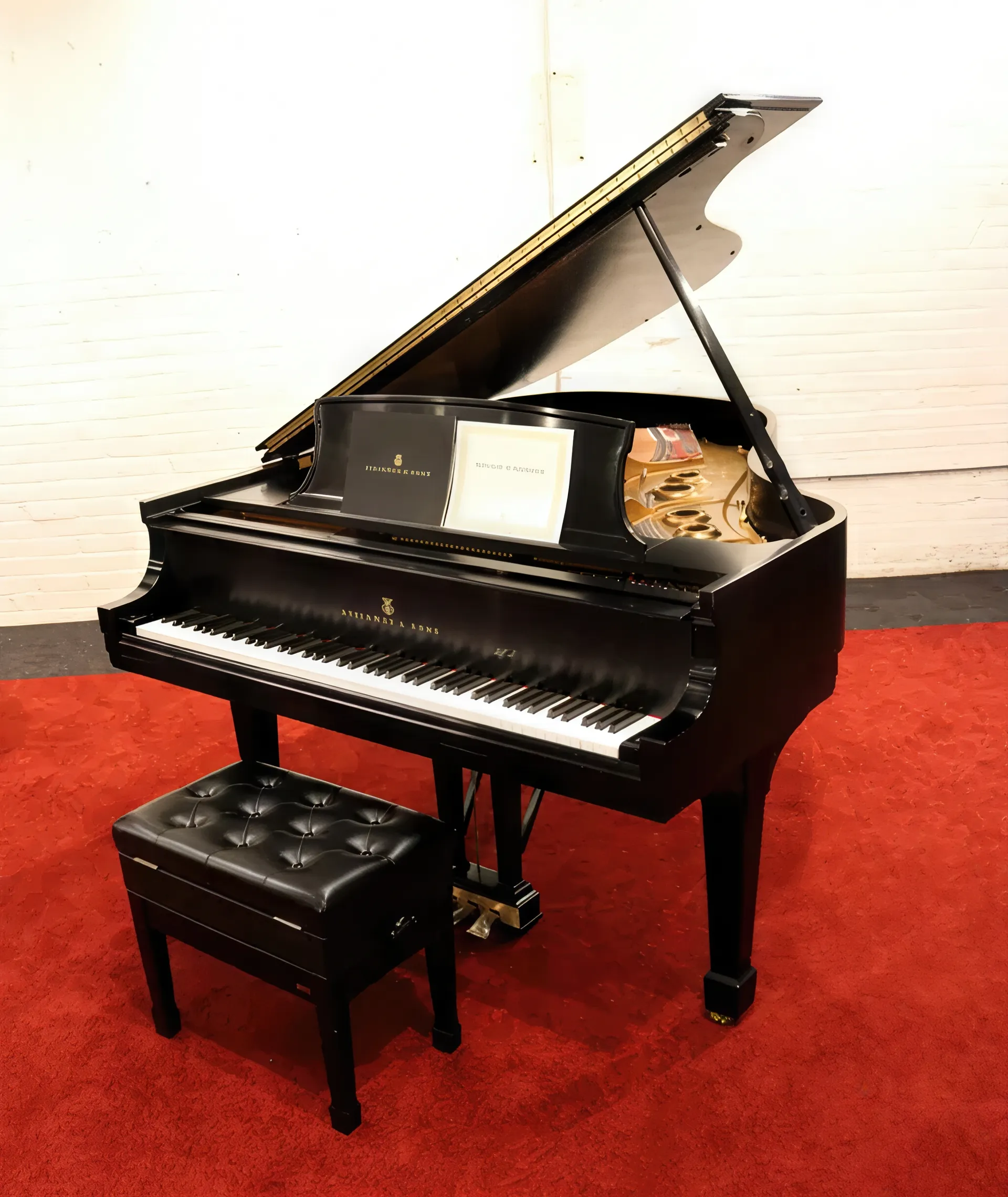 A Premier Piano black grand piano with an open lid sits elegantly on a red carpet, accompanied by a matching padded bench, showcasing the excellence of Certified Steinway Restorations.