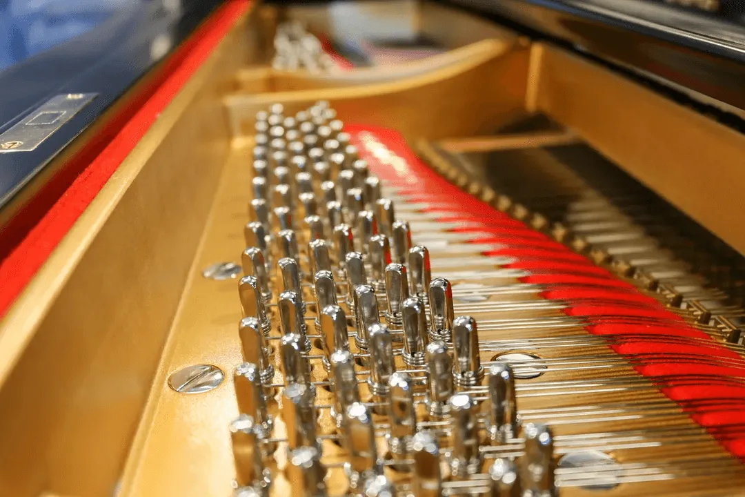 Close-up view of a premium grand piano's interior, showcasing strings, tuning pins, and a red felt strip—truly a testament to Premier Piano craftsmanship.