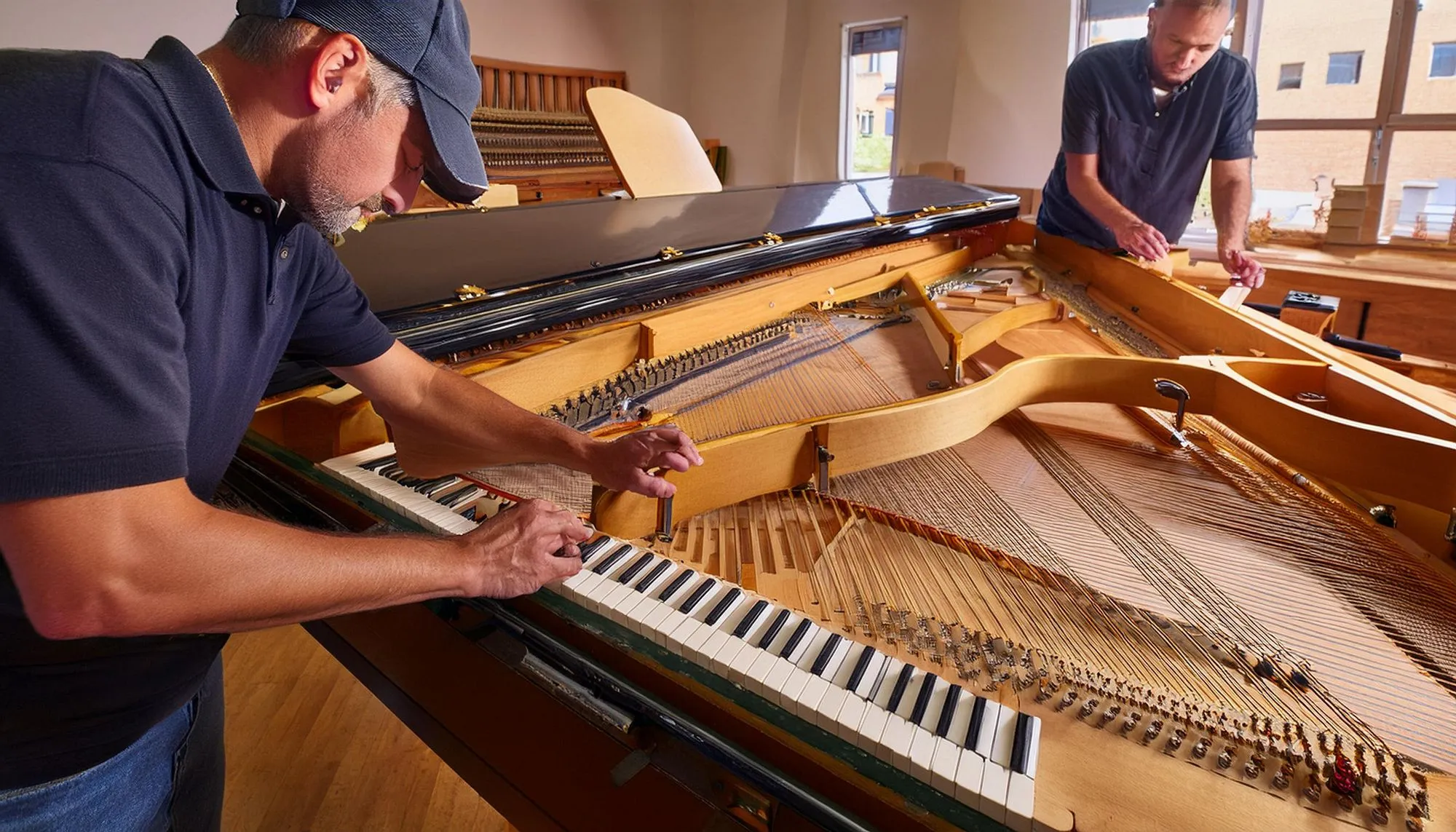 In a well-lit room, two men diligently repair the internal components of a premium grand piano, its lid open and strings exposed.