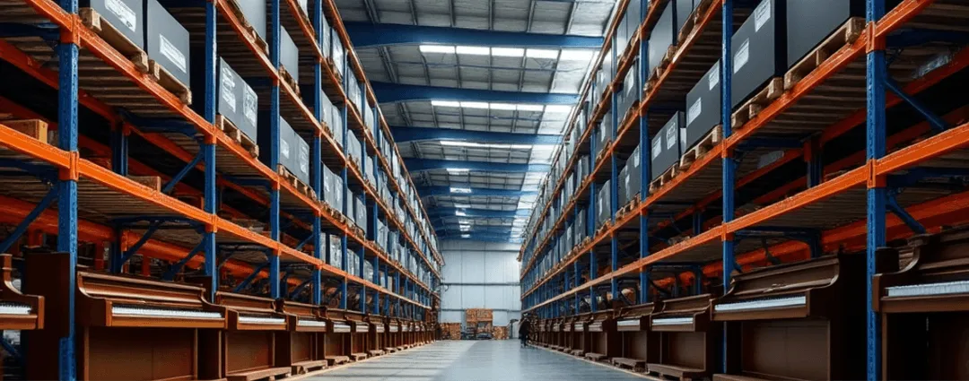 The warehouse aisle in Walker IA showcases rows of pianos meticulously stacked on blue and orange shelves under a high ceiling, dedicated to piano storage and concert-ready preparation.