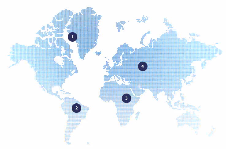 World map in blue dots with four dark blue markers numbered 1 to 4 at Greenland, South America, Africa, and Russia.