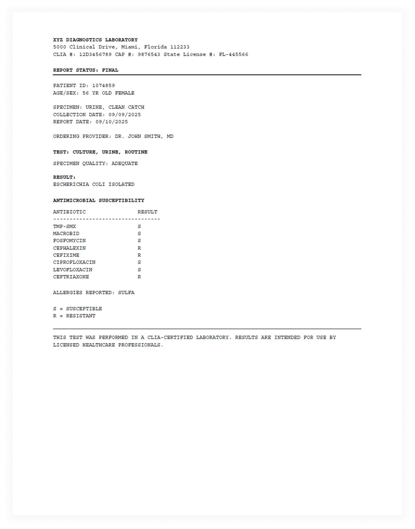 Standard lab report showing culture results in plain text format