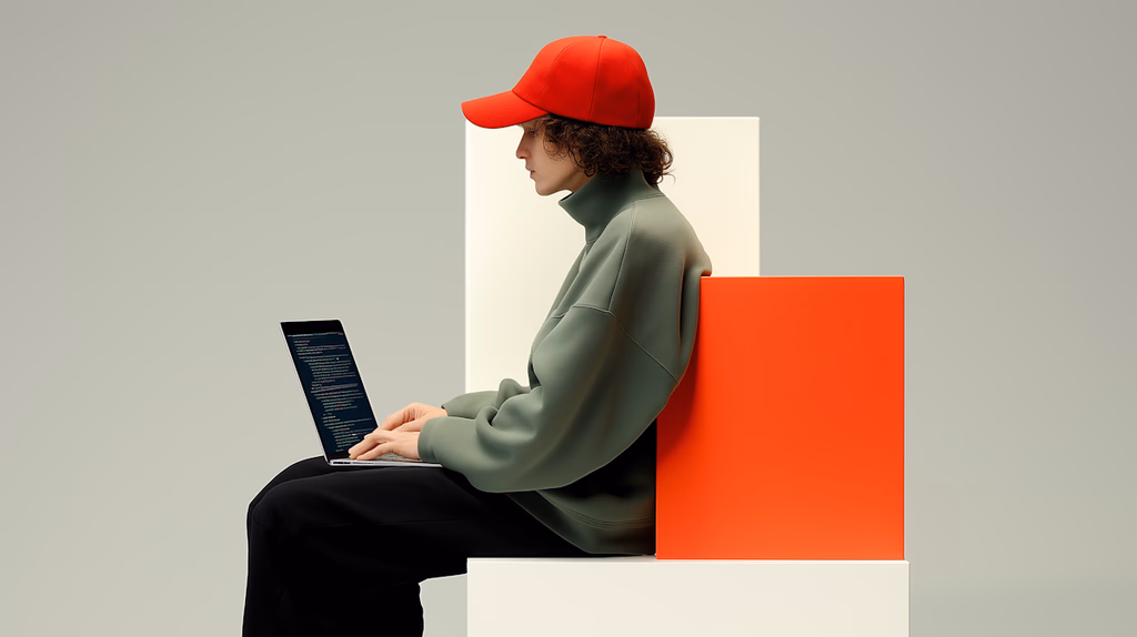 Person wearing a red cap and green sweater sitting and typing on a laptop with a neutral gray background and geometric white and red blocks.