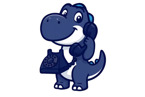 Maskottchen-Dinosaurier mit Retro-Telefon – symbolisiert Kundenservice, Support und Erreichbarkeit