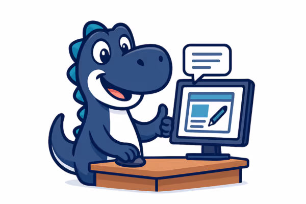 Maskottchen-Dinosaurier erstellt ein Konzept – symbolisiert strategische Planung, kreative Ideen und strukturierte Konzepterstellung für erfolgreiche Projekte