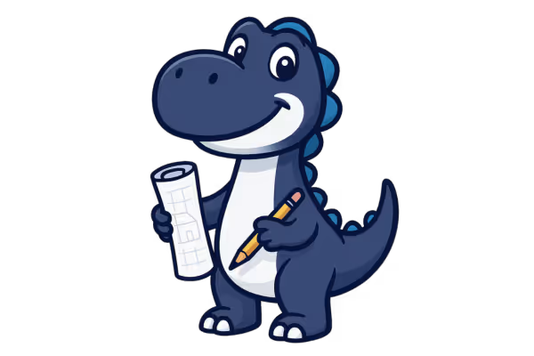 Maskottchen-Dinosaurier mit Schreibplan und Stift – symbolisiert Kreativität, Designerstellung und Entwicklung