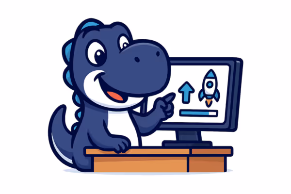 Maskottchen-Dinosaurier am Schreibtisch mit Computer und Rakete – steht für digitale Prozesse, Wachstum und erfolgreiche Projektstarts