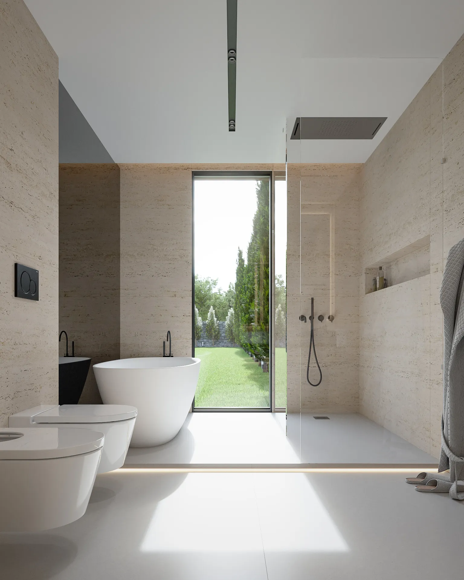 Banheiro moderno com paredes bege, banheira branca freestanding, vaso sanitário e bidê suspensos, chuveiro com vidro e vista para jardim verde.